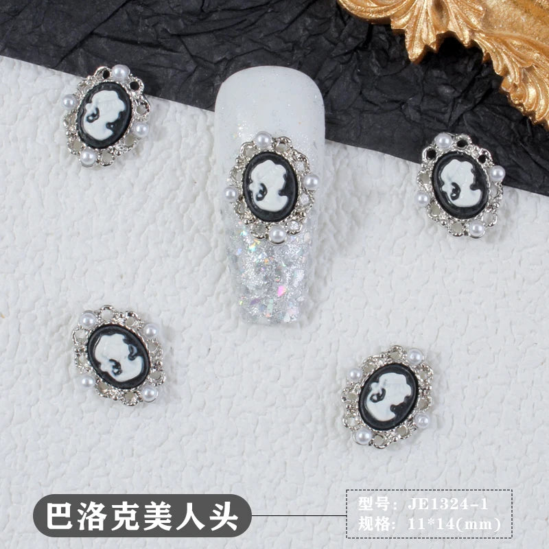 10Pcs Retro Baroque Gril Nail Art Charm 3D Emboss Black White Girl Head Nail Decoration Gold/Silver Metal Edging Nail Jewelry &*