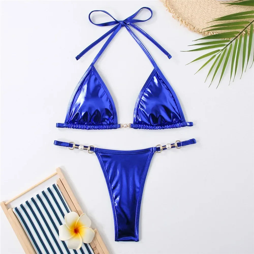 Shiny String Halter Triangle Micro Bikini