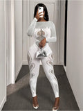 FHSEER Sheer Mesh Long Sleeve Hollow Out Bodycon Jumpsuit