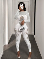 FHSEER Sheer Mesh Long Sleeve Hollow Out Bodycon Jumpsuit