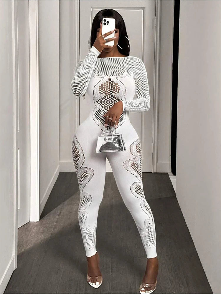 FHSEER Sheer Mesh Long Sleeve Hollow Out Bodycon Jumpsuit