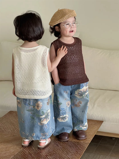 2025年 男児春夏用パンツ 新しいビッグボーイプリントストリートジーンズ ベビー韓国ストレートレッグパンツ 男の子用ベビー服