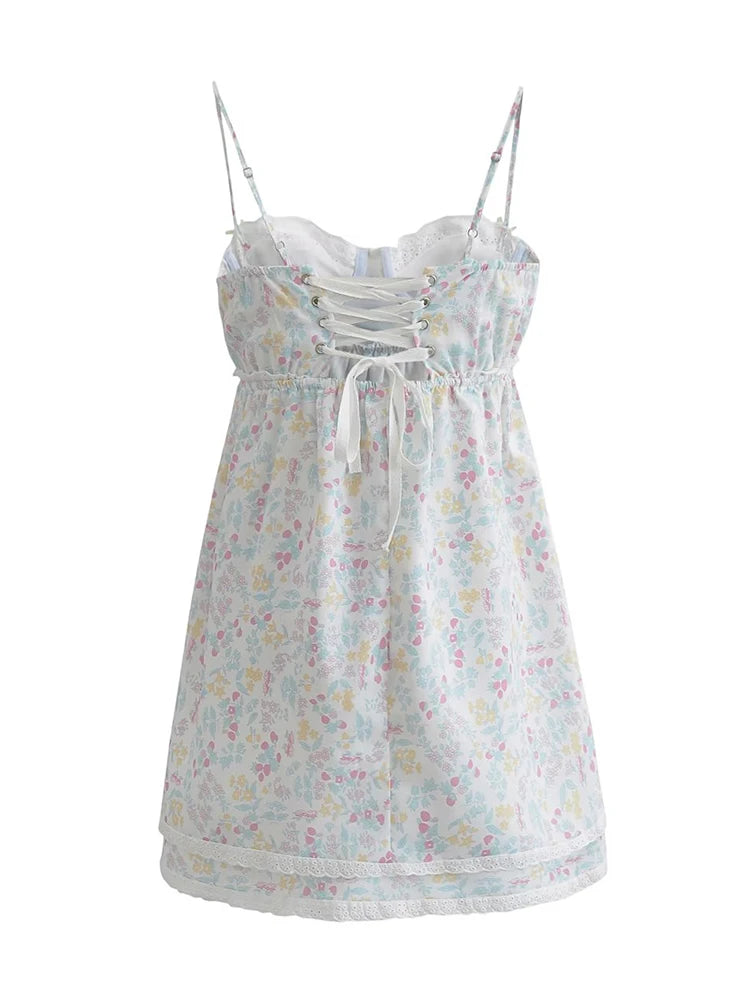 YENKYE Lace Trim Floral Print Sling Dress