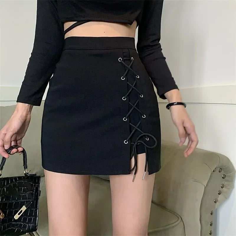 High Waist Lace Up Mini Skirt