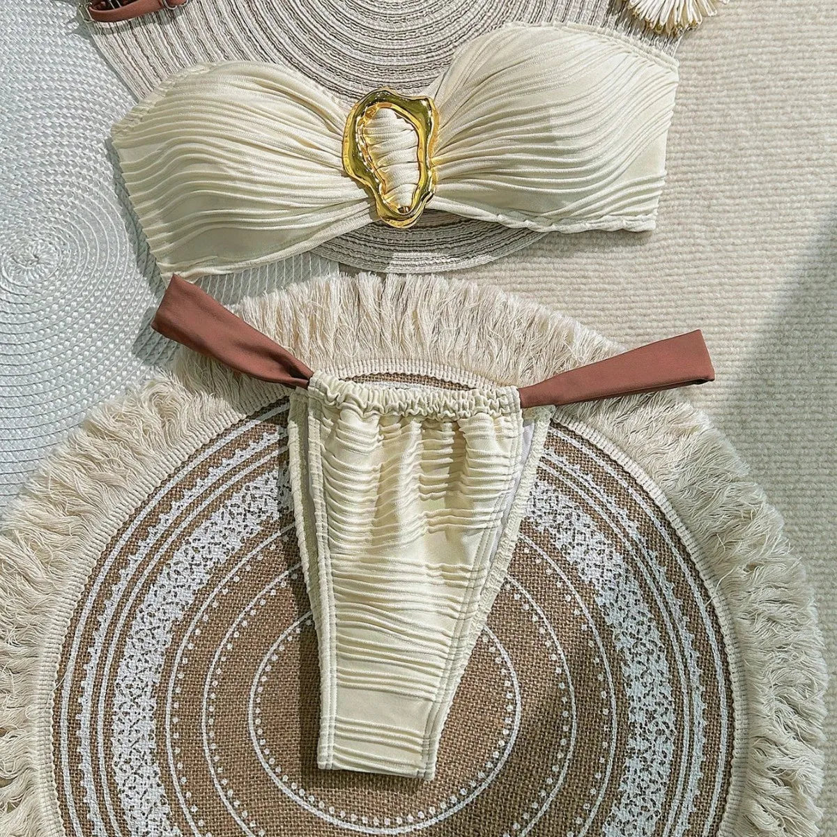 Textured Bandeau Bikini Set with Gold Detail & Terracotta Straps