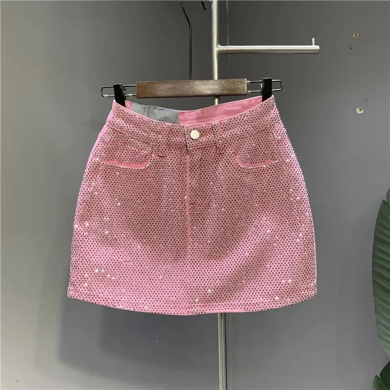 High-Waisted Rhinestone Denim Mini Skirt