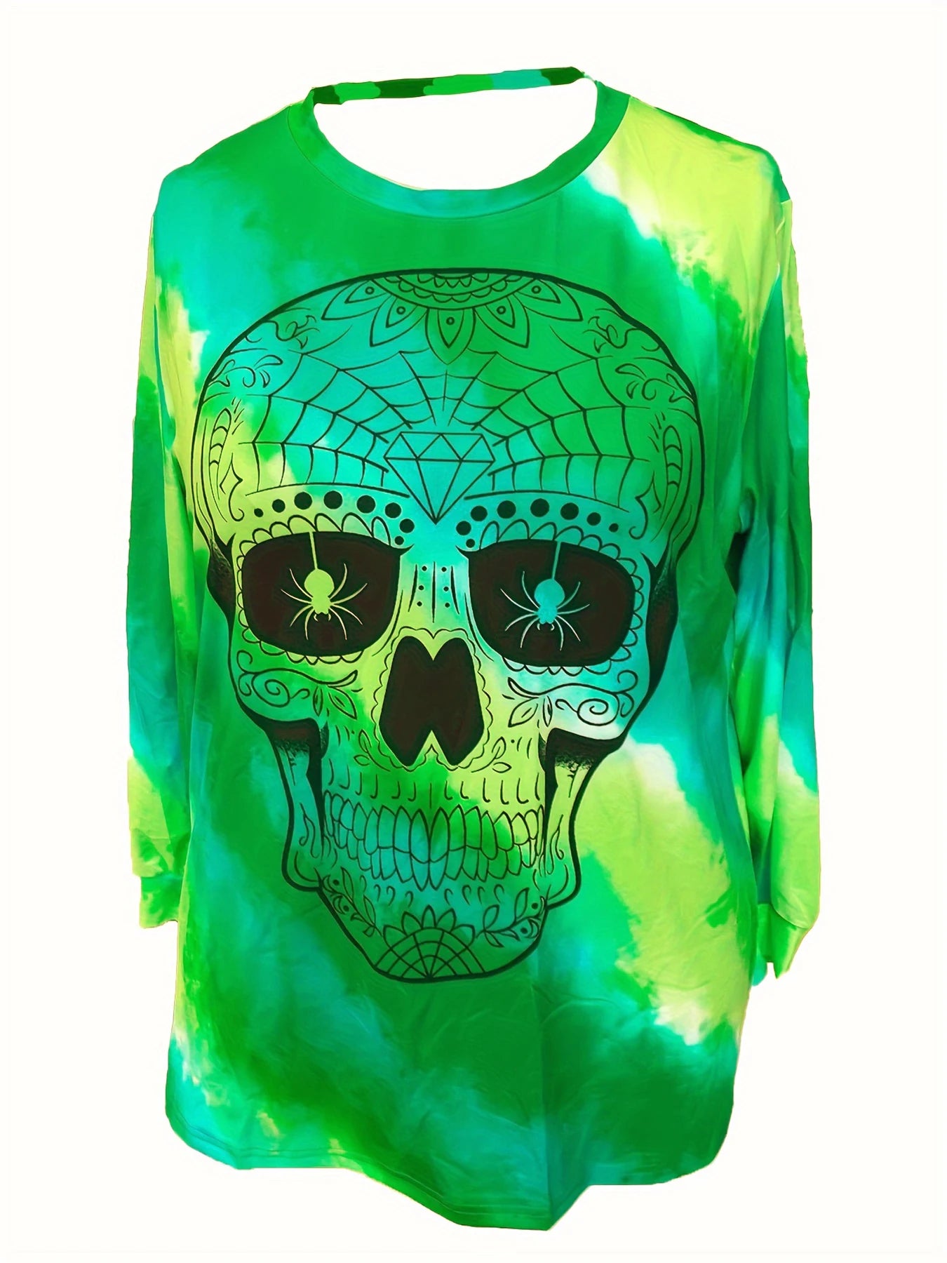 Abstract Skull Print Tie Dye Long Sleeves Crew Neck Loose Fit Tunic Top