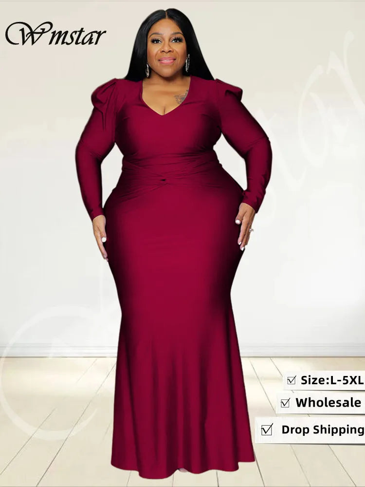 V Neck Long Sleeve Full Length Bodycon Dress