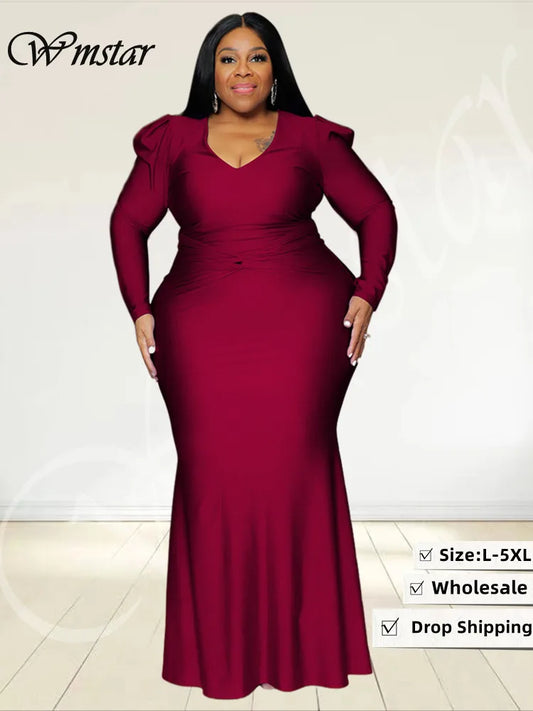 V Neck Long Sleeve Full Length Bodycon Dress