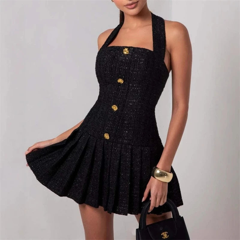 Tweed Halter Mini Dress with Gold Buttons