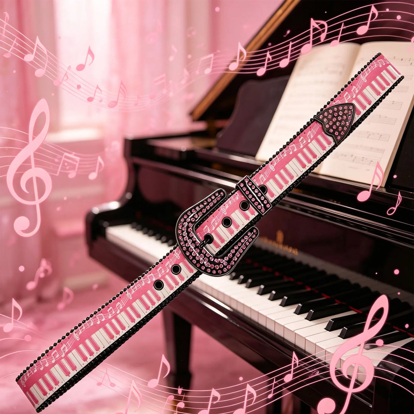 Western Cowboy Rhinestone Buckle PU Belt, Cute Pink Piano Keys & Musical Notes Print Glitter Decor Belt for Women Jeans Pants