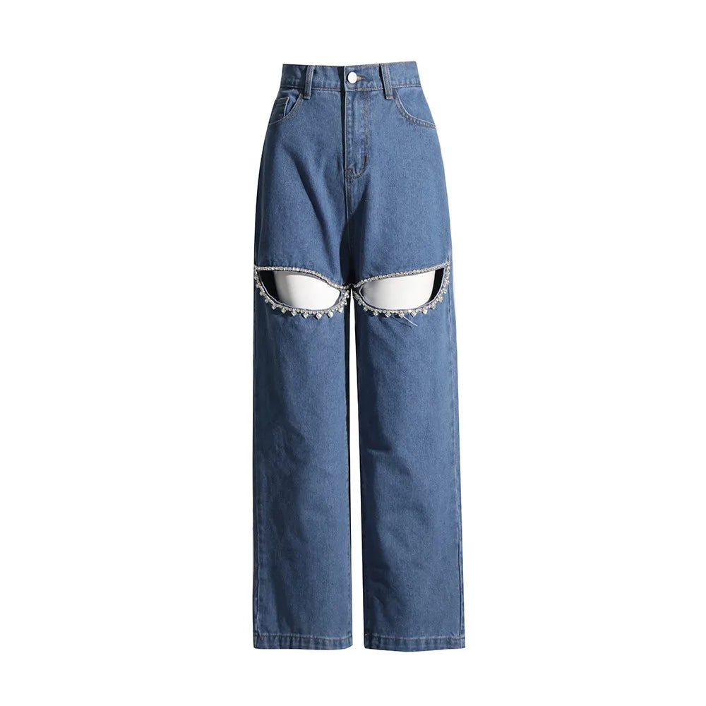 TWOTWINSTYLE Hollow Out Patchwork Diamonds Jeans