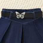 Denim Tops + Pleated Skirt + Bow Belt 3 Pcs Set