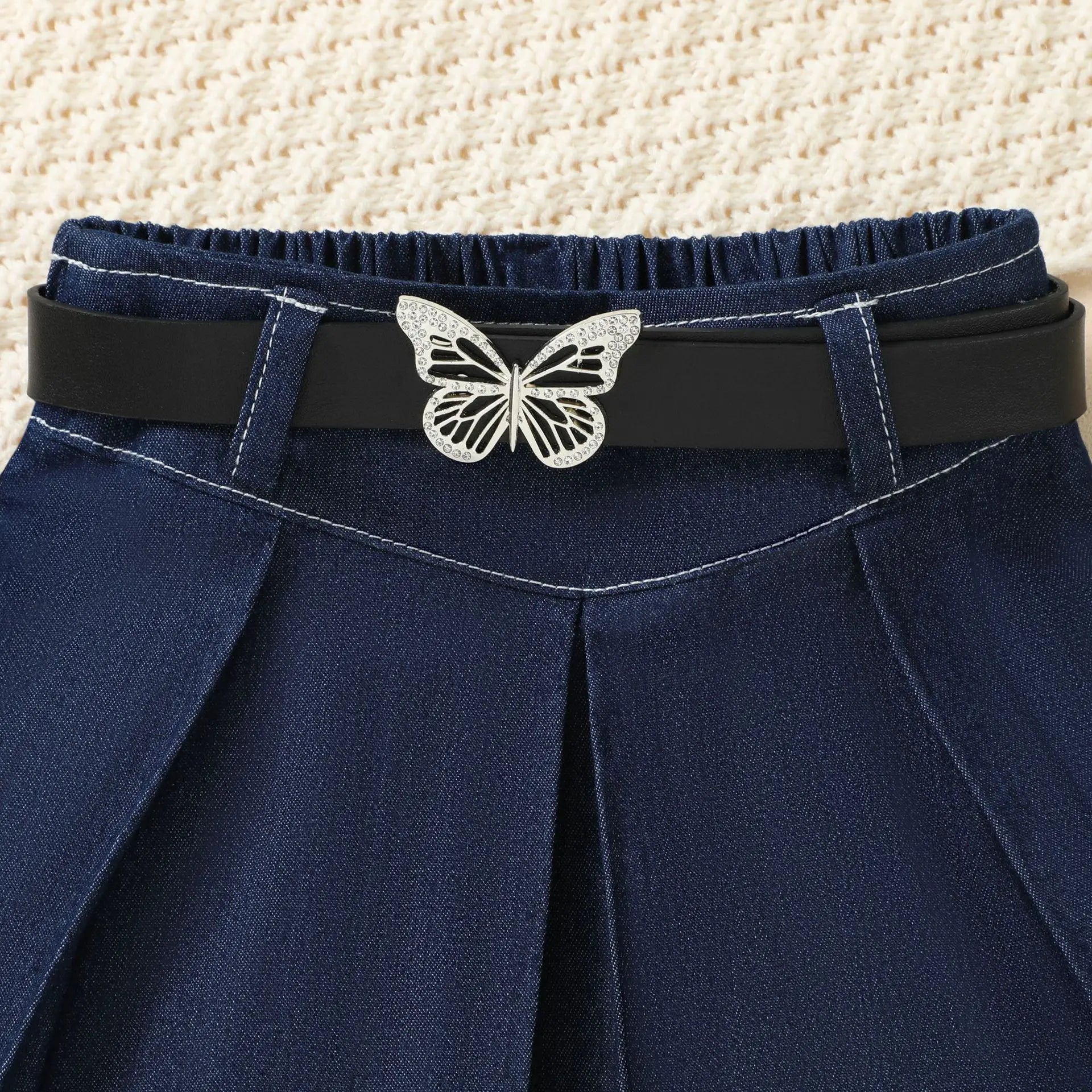 Denim Tops + Pleated Skirt + Bow Belt 3 Pcs Set