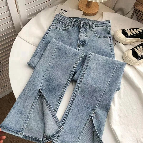 High-Waist Split Hem Slim-Fit Jeans