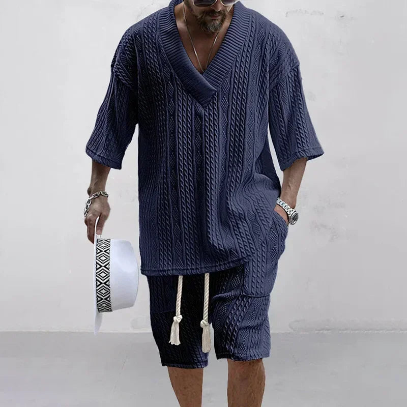 メンズショートパンツセット サマーカジュアルニットツーピース メンズ衣料 Vネック半袖Tシャツとショートパンツ ストリートウェアニットセット