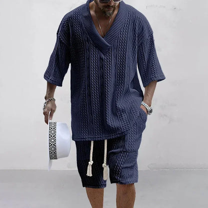 メンズショートパンツセット サマーカジュアルニットツーピース メンズ衣料 Vネック半袖Tシャツとショートパンツ ストリートウェアニットセット
