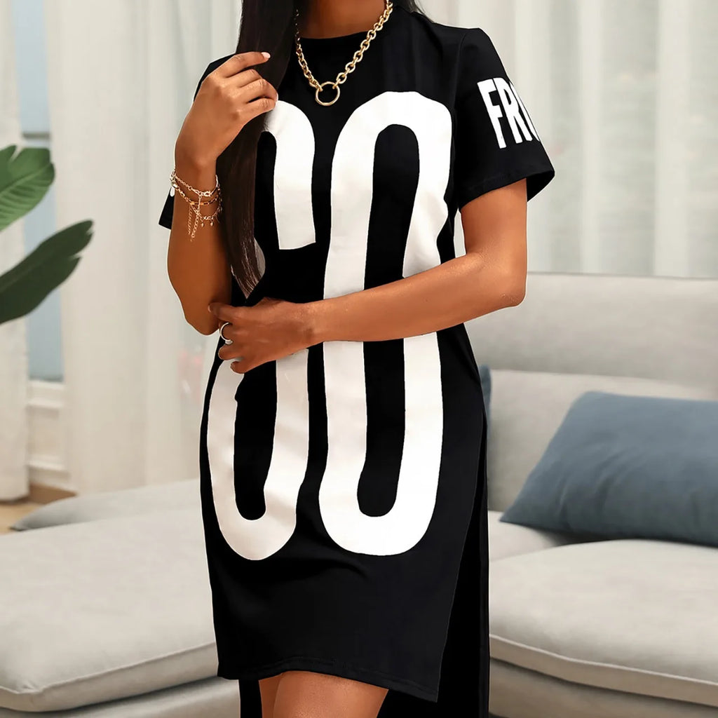 Round Neck Short Sleeve Split Loose Dress