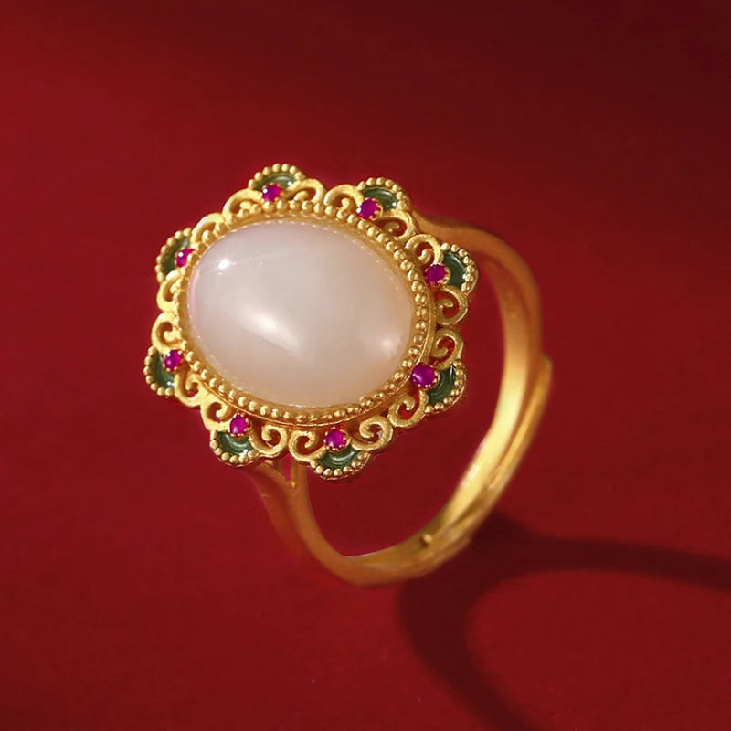 Hetian Jade Flower Ring