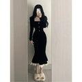 Square Collar Black Velvet Fish Tail Dress