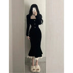 Square Collar Black Velvet Fish Tail Dress