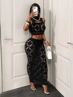 See Through Mesh Hollow Out Crop Tank & High Waist Bodycon Mini Skirt Set