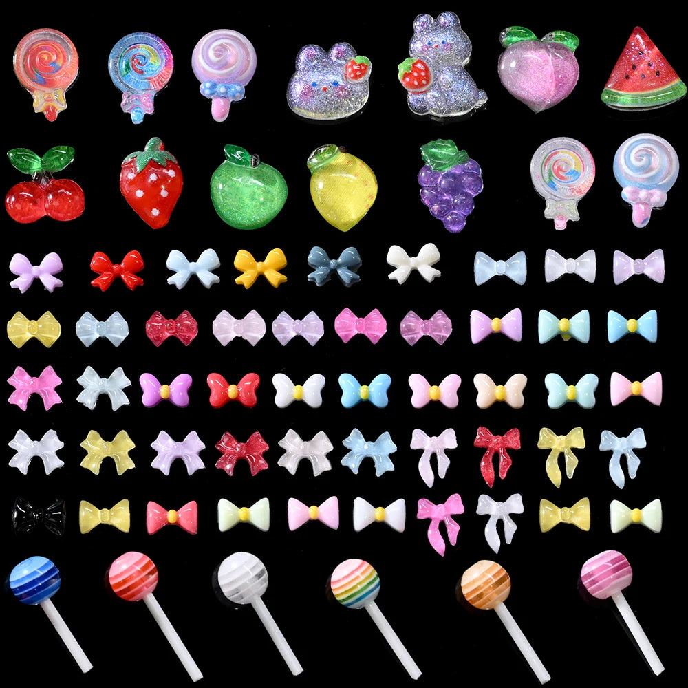 1Box 3D Resin Candy Color Bow Nail Art Charms Cartoon Rabbit /Lollipop/Fruit Nail Art Decorations Kawaii Bowtie Nail Suppies U7#