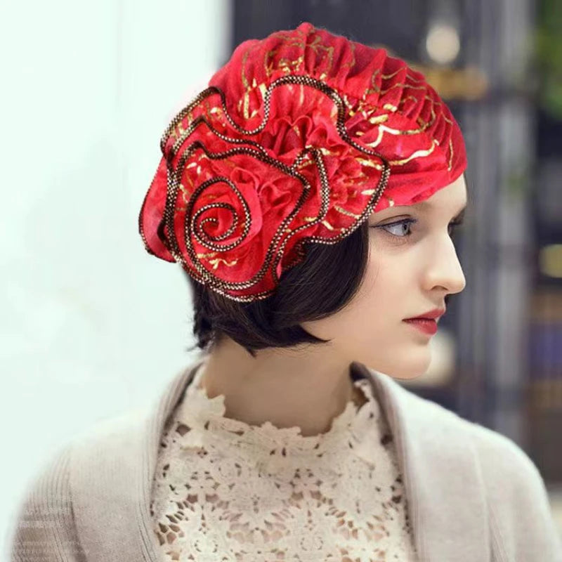 2025 Spring New Large Flower Turbans For Women Beauty Yarn Plate Jacquard Headwrap Lace Hat MuslimTurban Caps Islamic Headwear