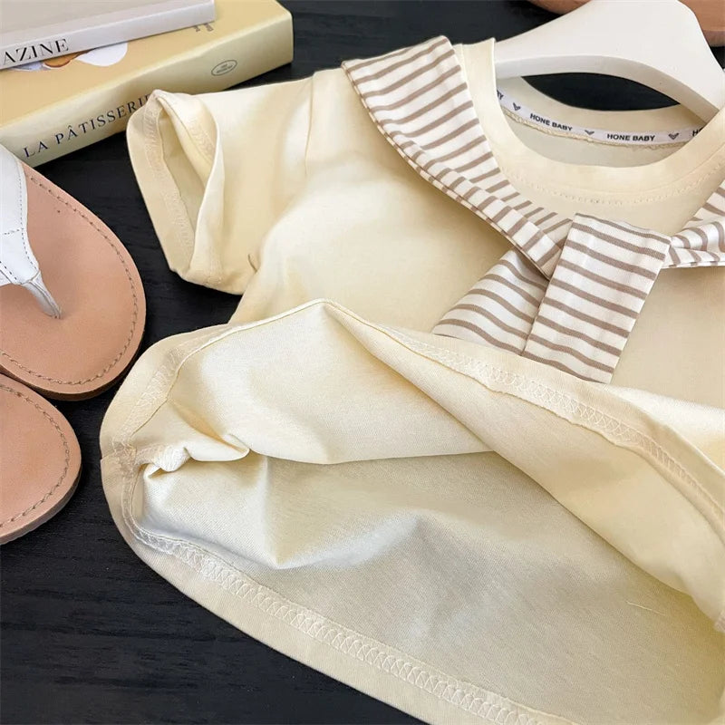 Short-Sleeved Tee With Stripes Shawl + Pants Set
