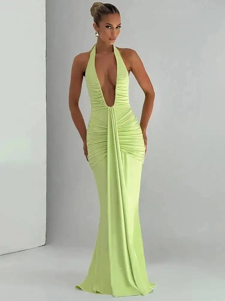 Deep V Neck Backless Ruched Maxi Dress