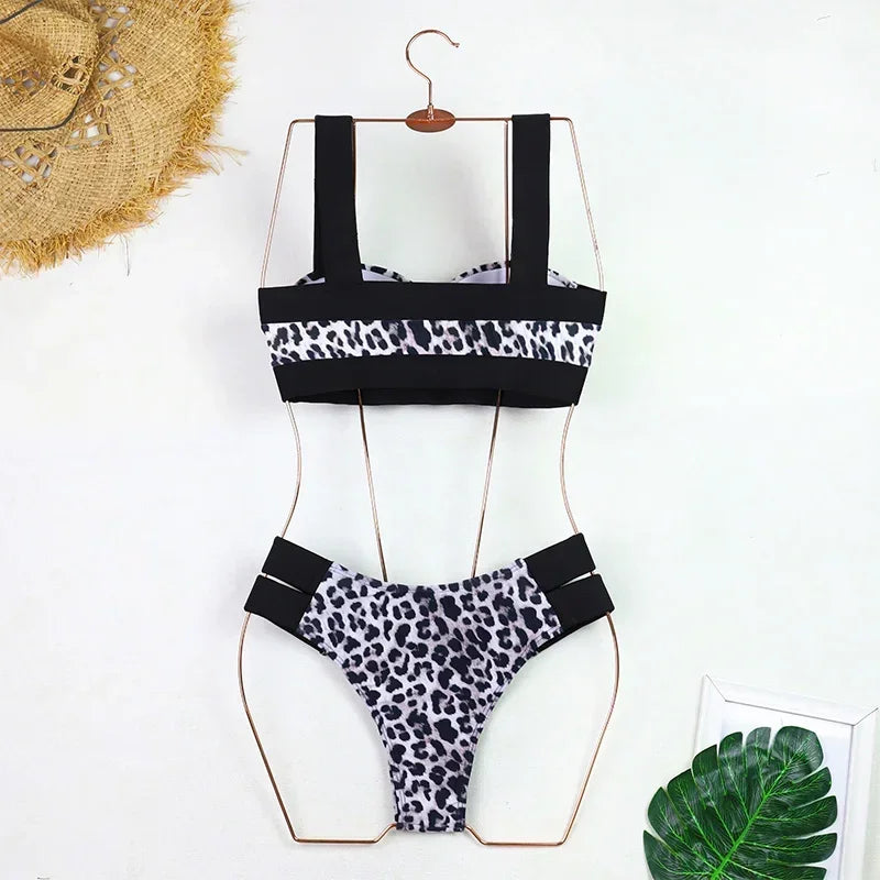 Push Up Leopard Block Color Patchwork Double Bandages High Waist Bikini