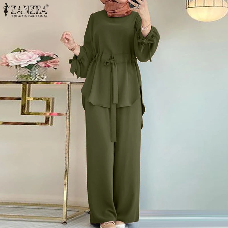 2024 ZANZEA Women Long Sleeve Blouse Pant Suits Fashion Abaya Hijab Tracksuits IsIamic Clothing 2PCS Vintage Autumn Muslim Sets