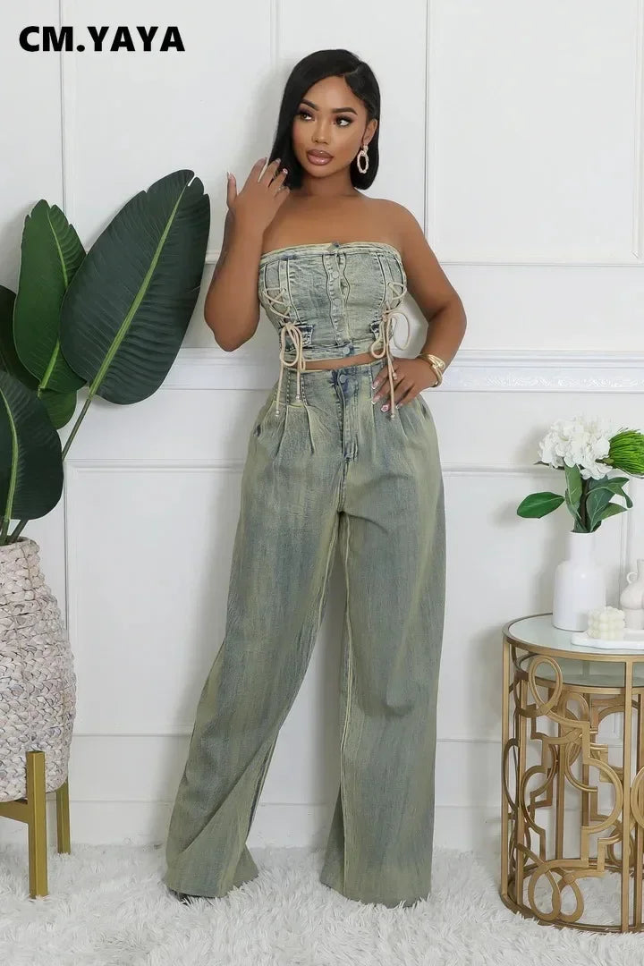CM.YAYA Denim Set Sleeveless Strapless Top +Loose Jeans Pants