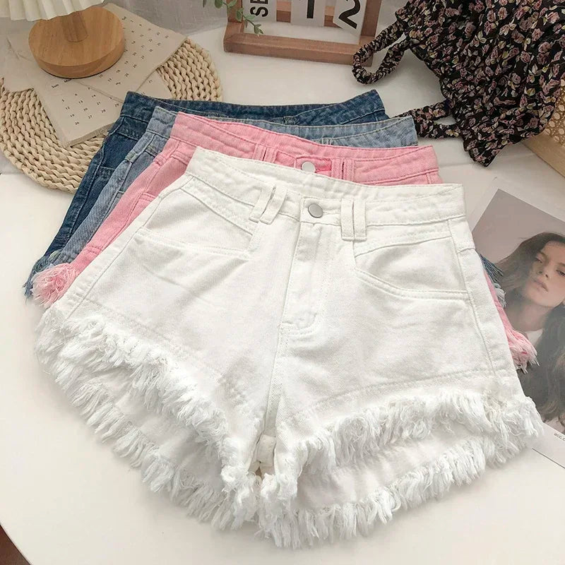 High Waisted Fringed Denim Shorts