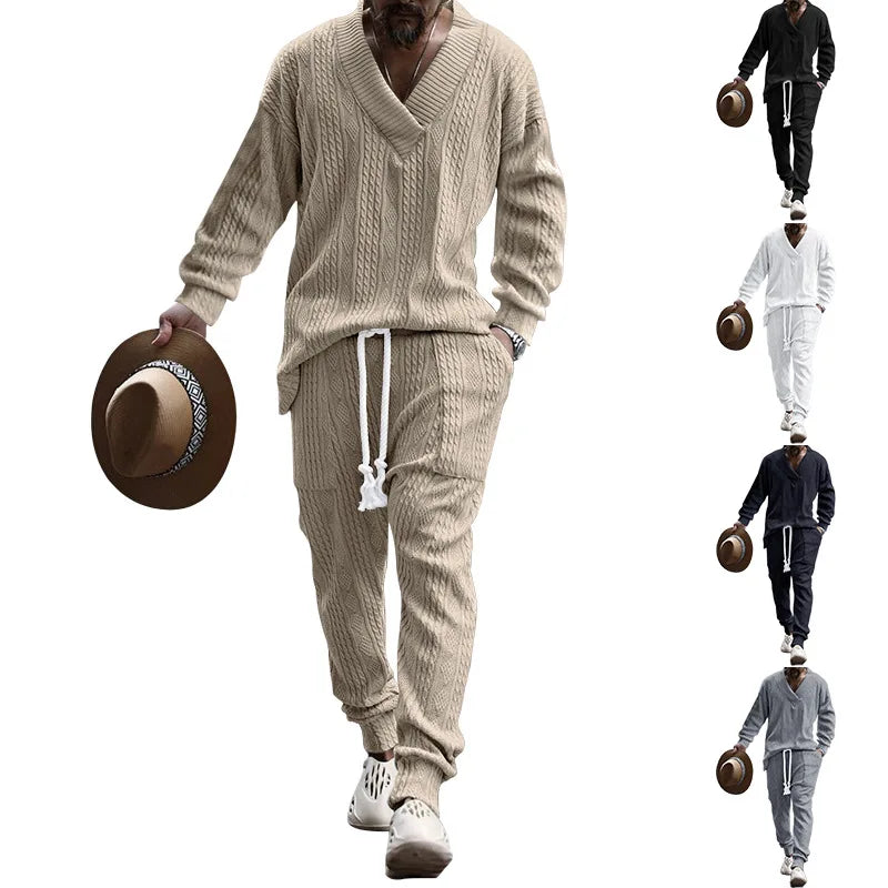 Casual Trousers V-Neck Versatile Jacquard Knitted Sweater Set