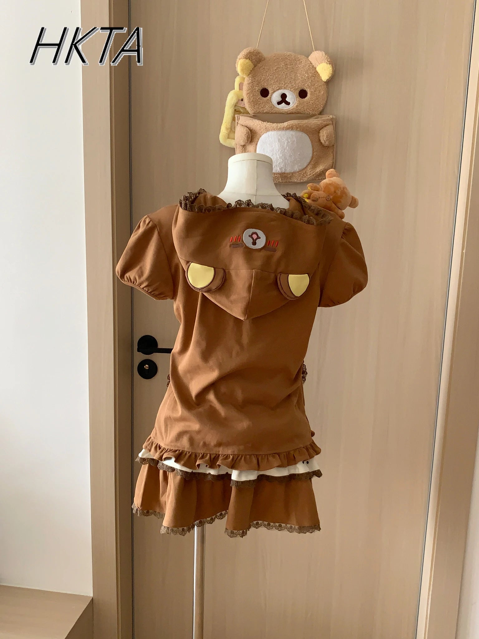 Embroidered Polka Dot Lace Hooded Bubble Short Sleeve Slim Brown Coat Cake Mini Skirts Set