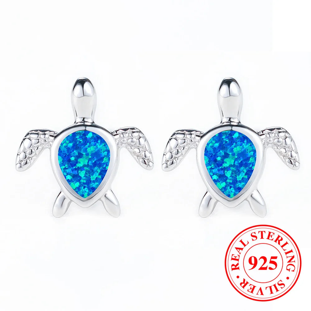Boho Small Blue Fire Opal Stone Turtle Stud Earrings