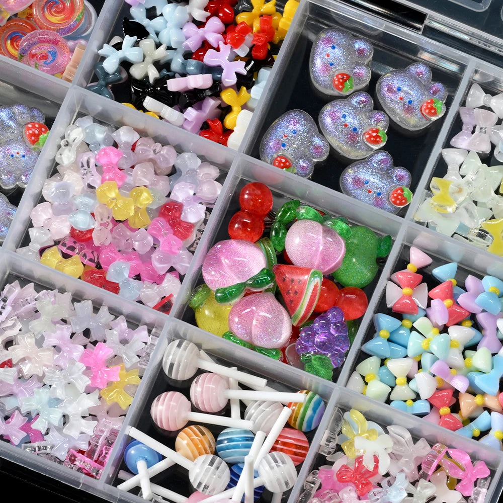 1Box 3D Resin Candy Color Bow Nail Art Charms Cartoon Rabbit /Lollipop/Fruit Nail Art Decorations Kawaii Bowtie Nail Suppies U7#