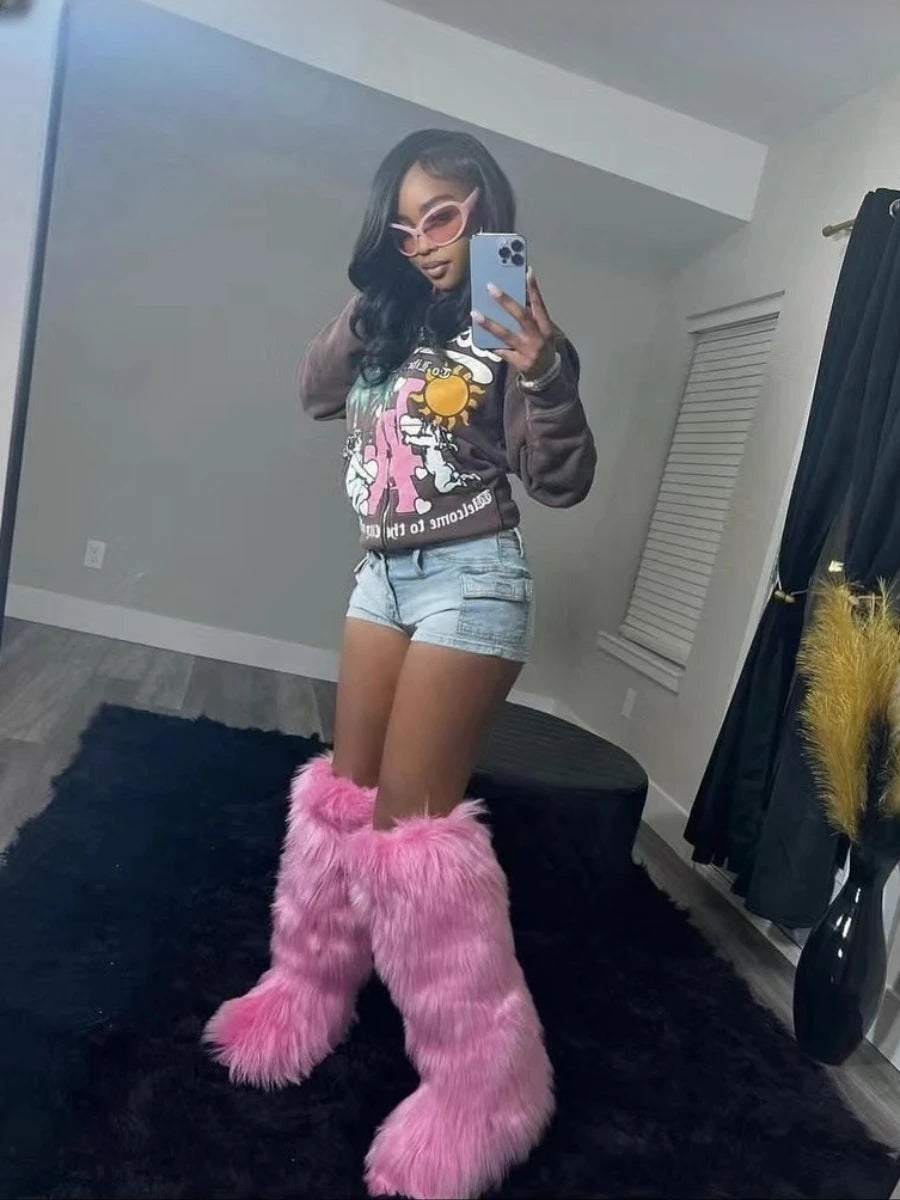 Winter Women Snow Boots Faux Fur Long Boots Warm Plush Platform Knee-high Boot Outdoor Furry Cute Over-the-knee Boots Girls Y2K