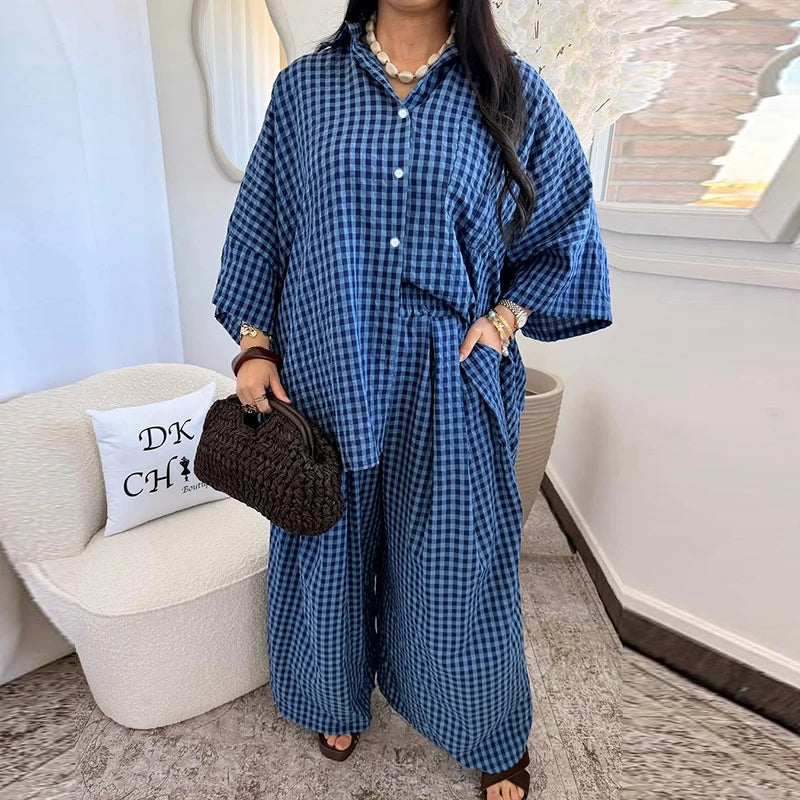 Turn-down Collar Full Sleeve Shirt Loose Bottom Plaid Set