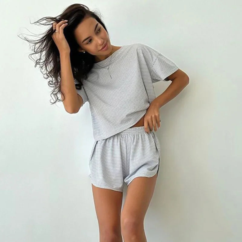 Knitting Stripes Pajamas Short Sleeve Shorts Set