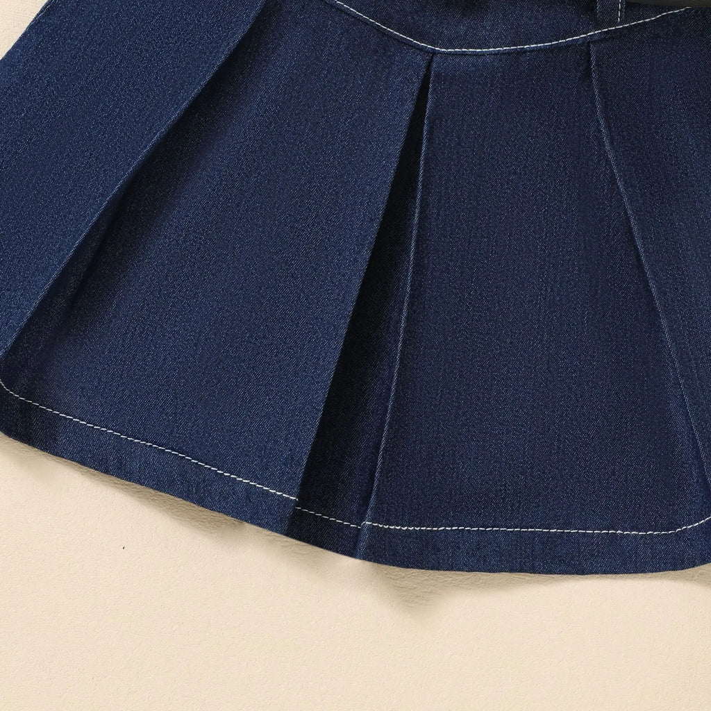 Denim Tops + Pleated Skirt + Bow Belt 3 Pcs Set