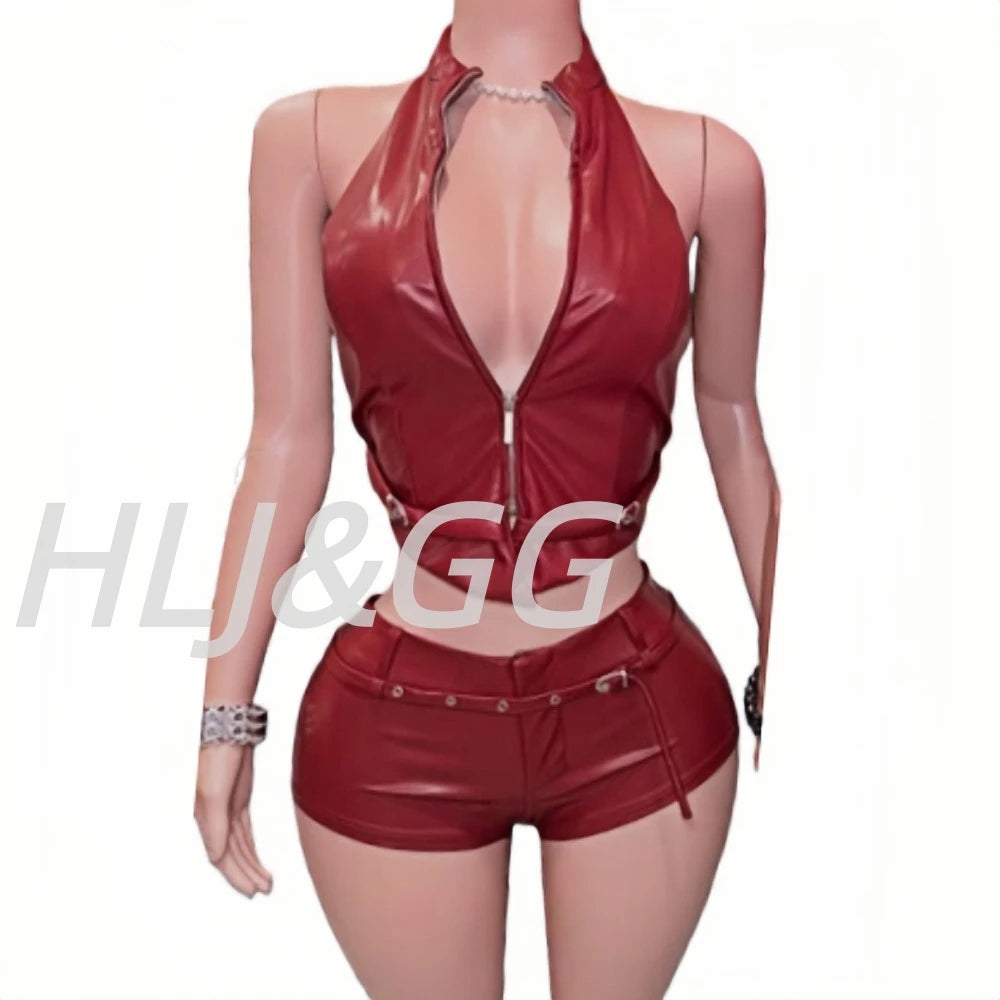Halter Zipper Sleeveless Slim Top And Shorts Set