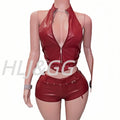 Halter Zipper Sleeveless Slim Top And Shorts Set