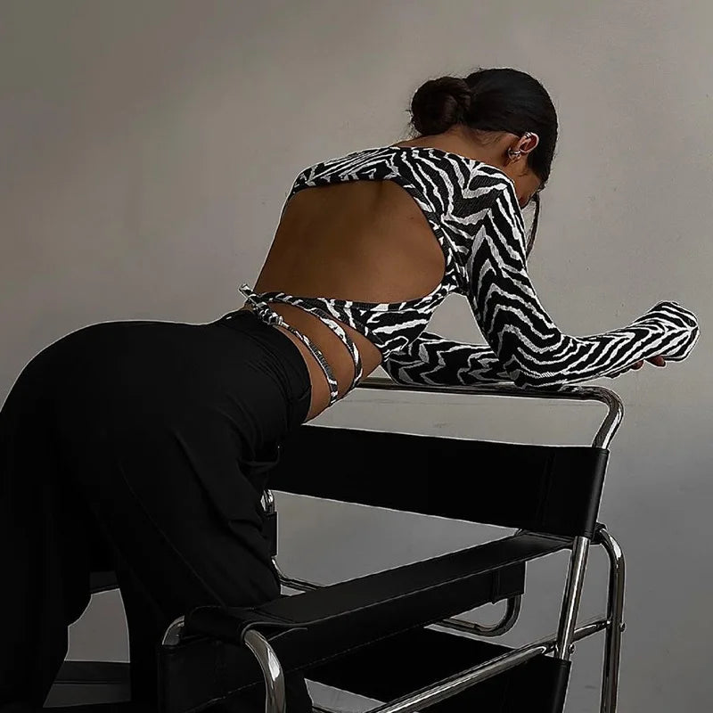 Lace Zebra Pattern Backless Top