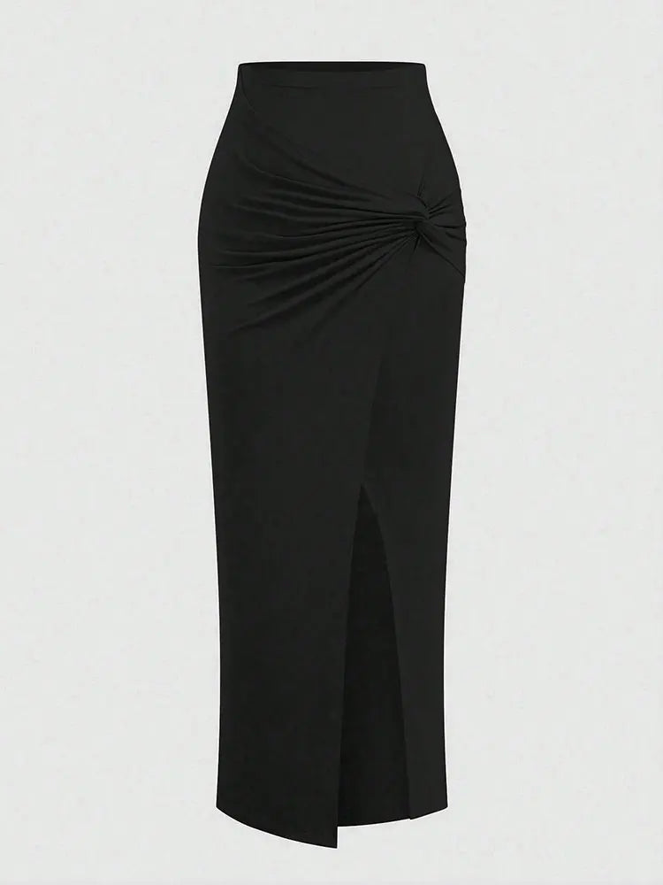 High-Waist Knitted Ruched High-Slit Midi Skirt