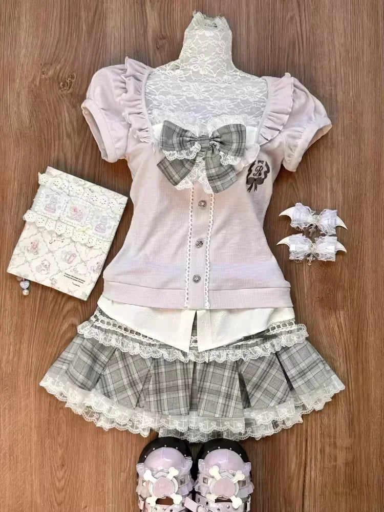 Long Sleeve Cardigan Tops + Slim Bow White Vest + High Waist Ruched Lace Cake Skirt Set