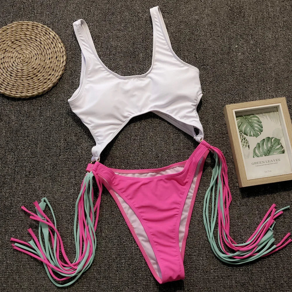 Patchwork Fringe Cut Out Rings Monokini