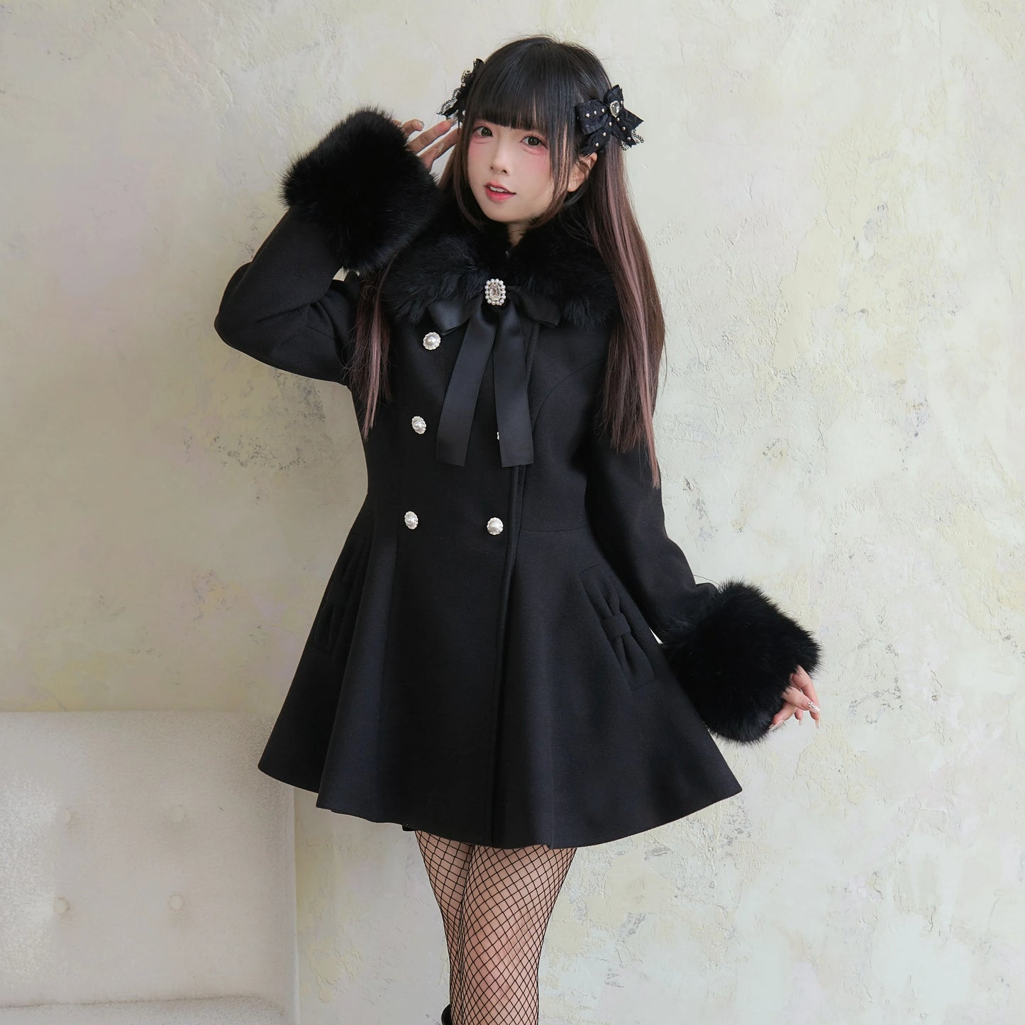 Fur Collar Slim Double-Breasted Woolen Coat