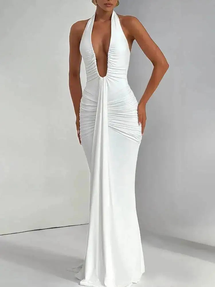 Deep V Neck Backless Ruched Maxi Dress